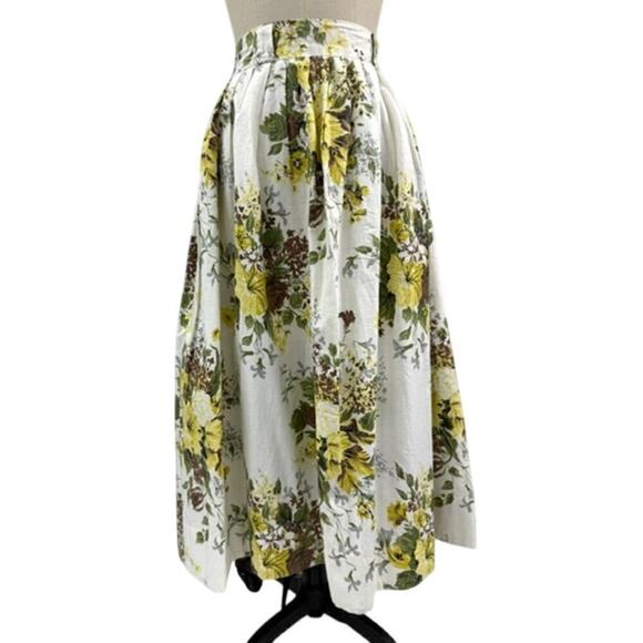 home made Dresses & Skirts - 50s VTG White Cotton Floral Skirt Yel/Brw/Green Pleated Metal Zipper Belt Loops